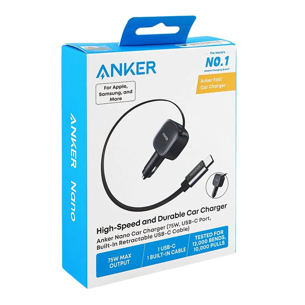 Side view of anker nano usb-c port, car charger built-in retractable usb-c cable, 75w, grey, a2738ha2