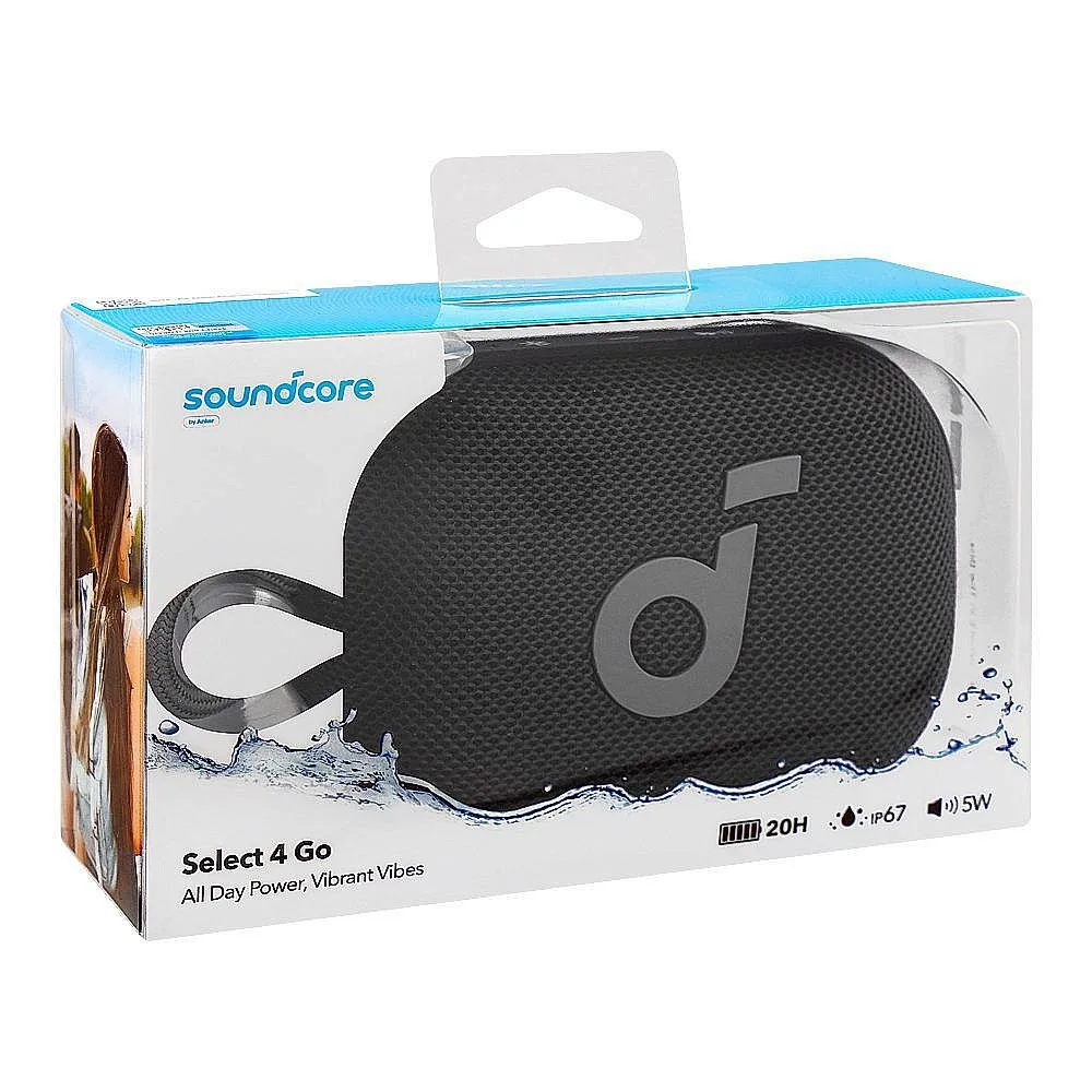 Side view of anker sound core select 4 go bluetooth speaker, ip67 water resistant, 20 hours playtime, black, a31x1113