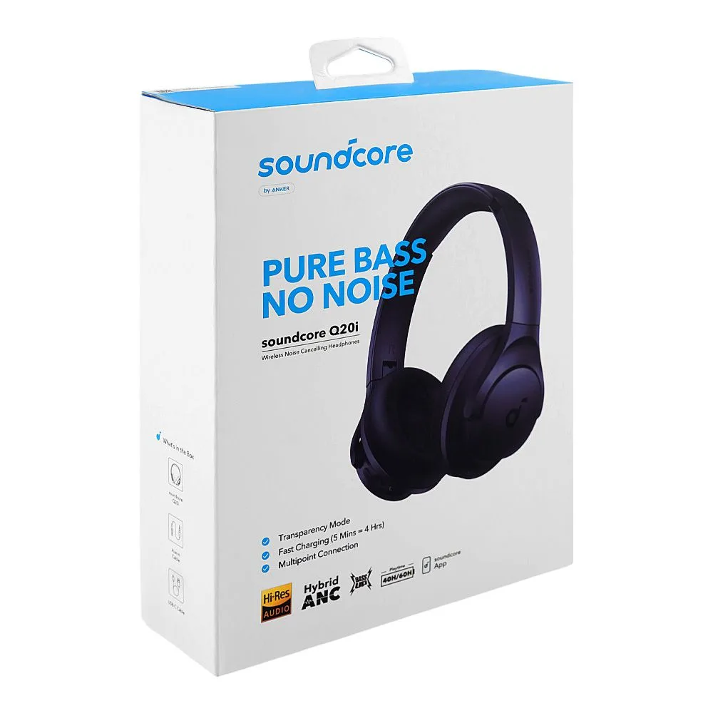 Side view of anker soundcore q20i anc wireless noise cancelling headphone, 60 hours playtime, blue, a3004h32
