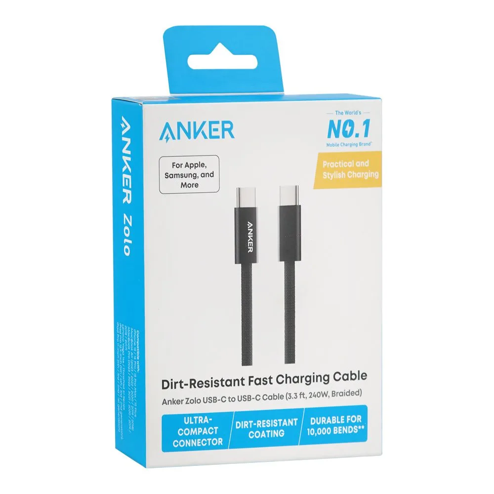Side view of anker zolo 240w usb-c to usb-c cable, 3.3ft, braided black, a8060h11