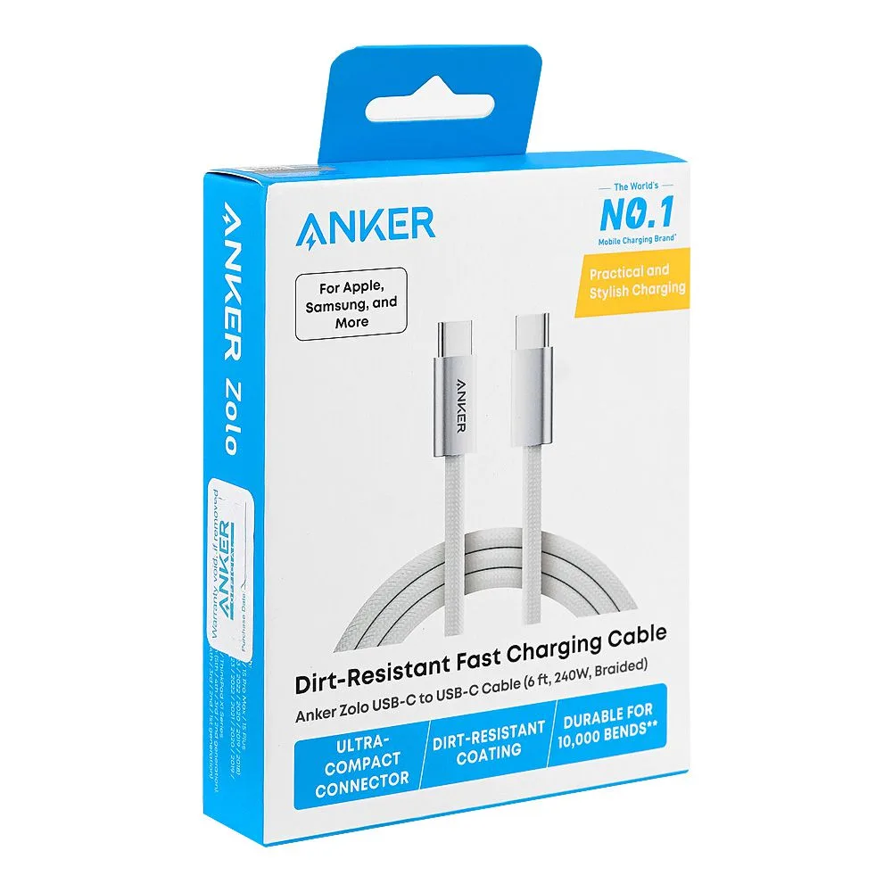 Side view of anker zolo 240w usb-c to usb-c cable, 6ft, braided white, a8060h22