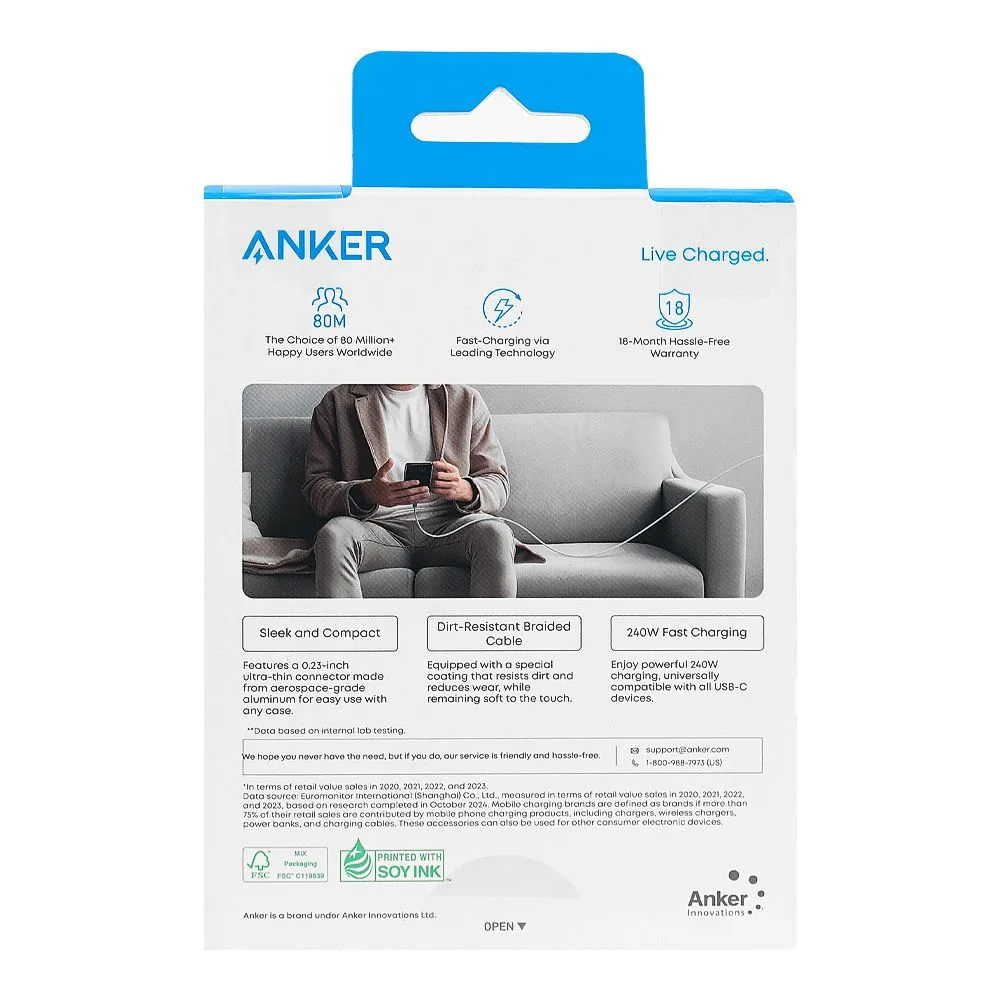 Comfortable casual anker zolo 240w usb-c to usb-c cable, 6ft, braided white, a8060h22