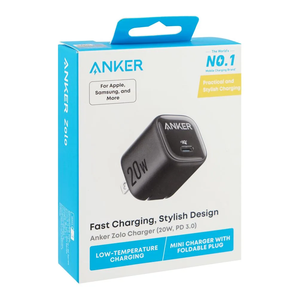 Side view of anker zolo charger, 20w, pd 3.0, black, a2699j11