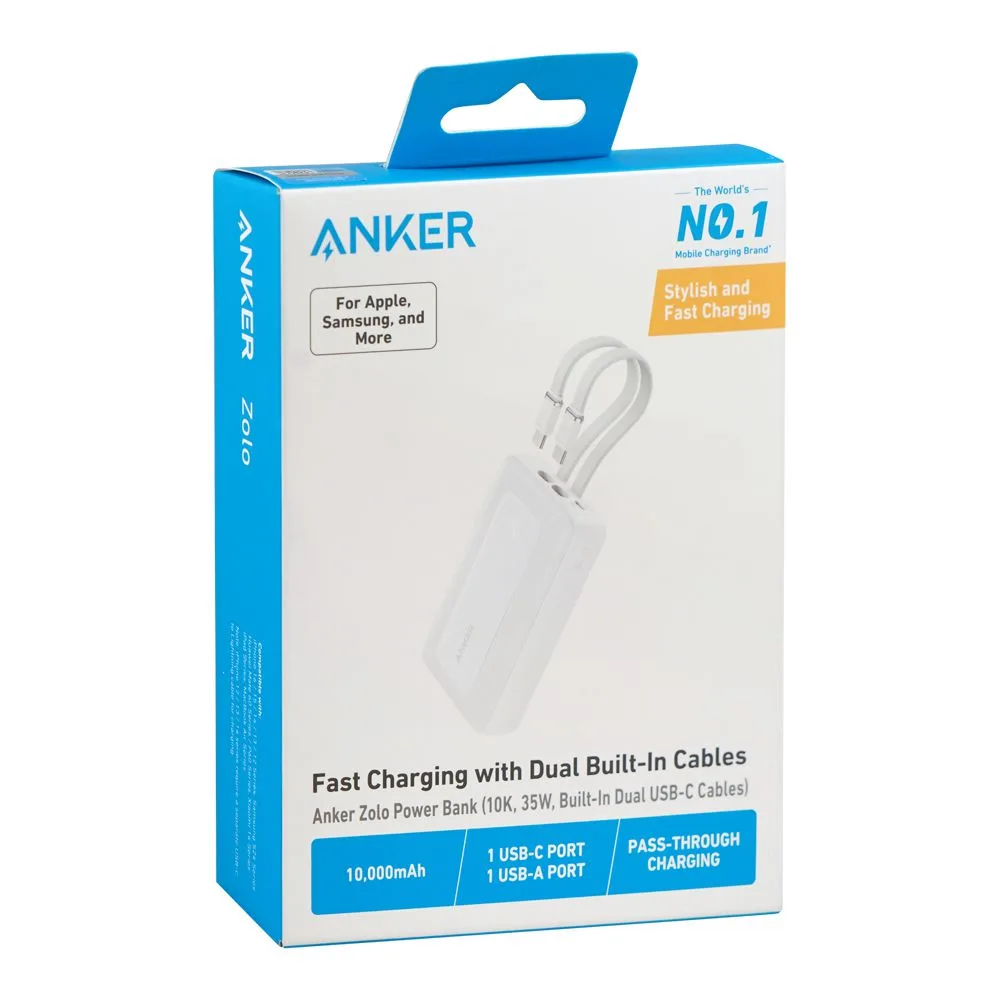 Side view of anker zolo power bank, 10000mah, 35w, 2 x built-in usb-c cable + usb-c port + usb-a port, white, a1680h22
