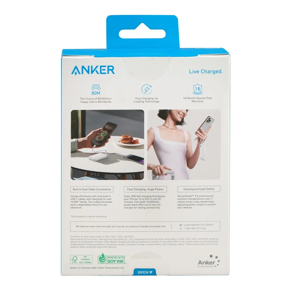 Comfortable casual anker zolo power bank, 10000mah, 35w, 2 x built-in usb-c cable + usb-c port + usb-a port, white, a1680h22