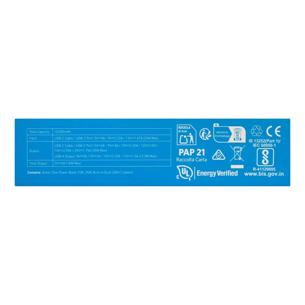 Close-up design of anker zolo power bank, 10000mah, 35w, 2 x built-in usb-c cable + usb-c port + usb-a port, white, a1680h22