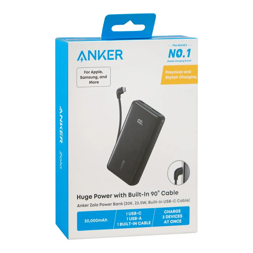 Anker Zolo Power Bank, 20000mAh, 22.5W, Built-In USB-C Cable + USB-C Port + USBC-A Port, Black, A110EH11