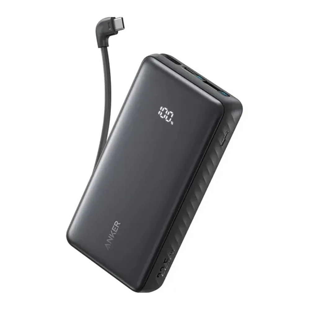 Close-up design of anker zolo power bank, 20000mah, 22.5w, built-in usb-c cable + usb-c port + usbc-a port, black, a110eh11