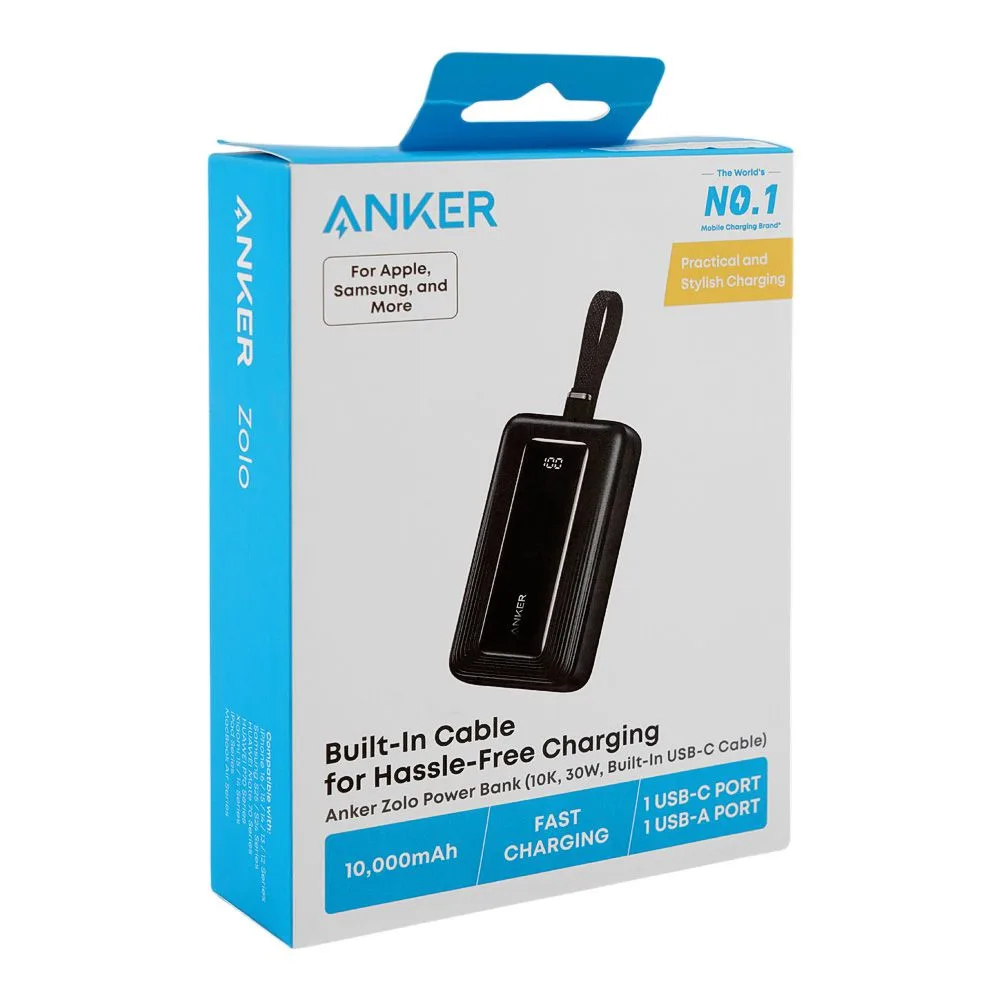 Side view of anker zolo power bank with built-in usb-c cable, 1 x usbc-a port, 10000mah, 30w, black, a1688h11