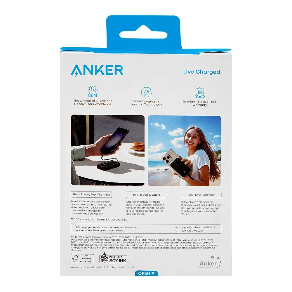 Comfortable casual anker zolo power bank with built-in usb-c cable, 1 x usbc-a port, 10000mah, 30w, black, a1688h11