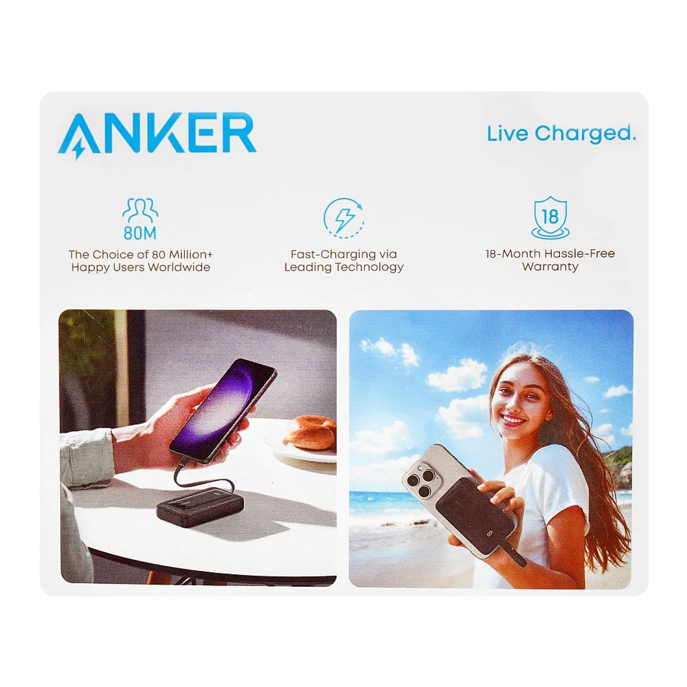 Close-up design of anker zolo power bank with built-in usb-c cable, 1 x usbc-a port, 10000mah, 30w, black, a1688h11