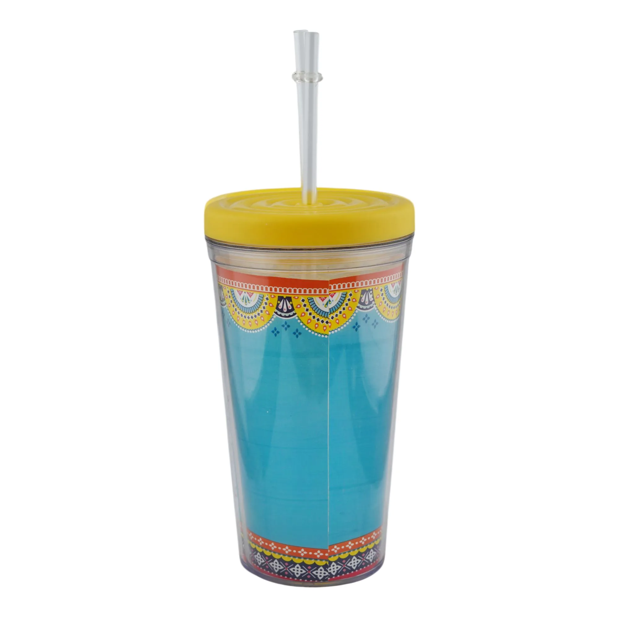 Side view of appollo khao piyo aish karo tumbler, yellow, 500ml