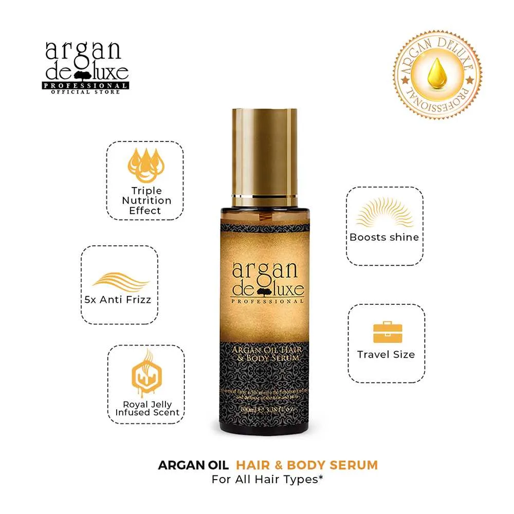 Side view of argan deluxe argan oil hair & body serum, 100ml