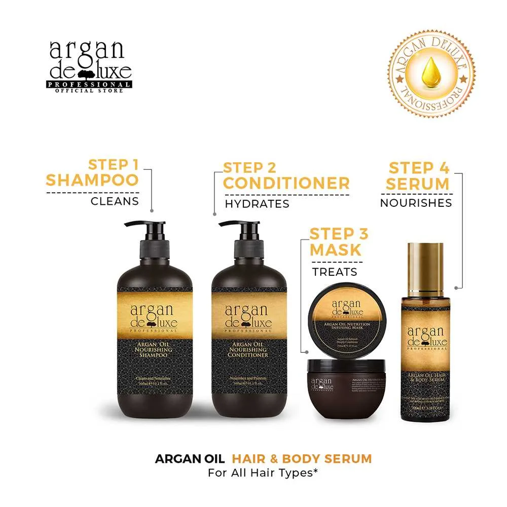 Close-up design of argan deluxe argan oil hair & body serum, 100ml