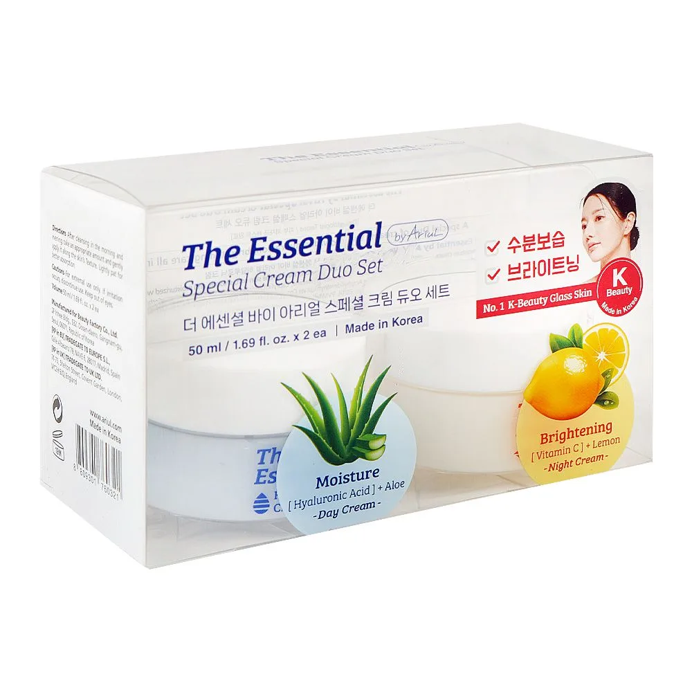 Side view of ariul the essential special cream duo set day + night cream, for hydration & brightening skin, 2 x 50ml
