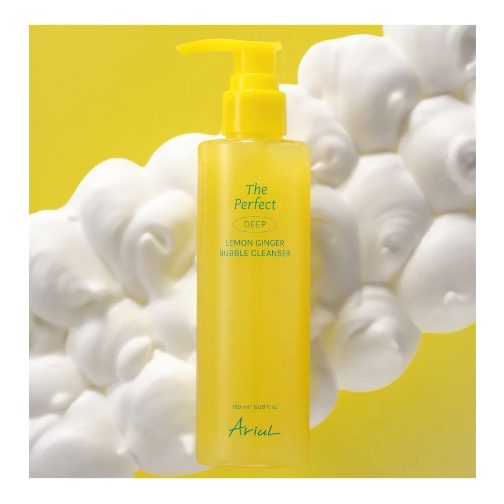 Close-up design of ariul the perfect deep lemon ginger bubble cleanser, glycerin, niacinamide, for all types of skin, 180ml