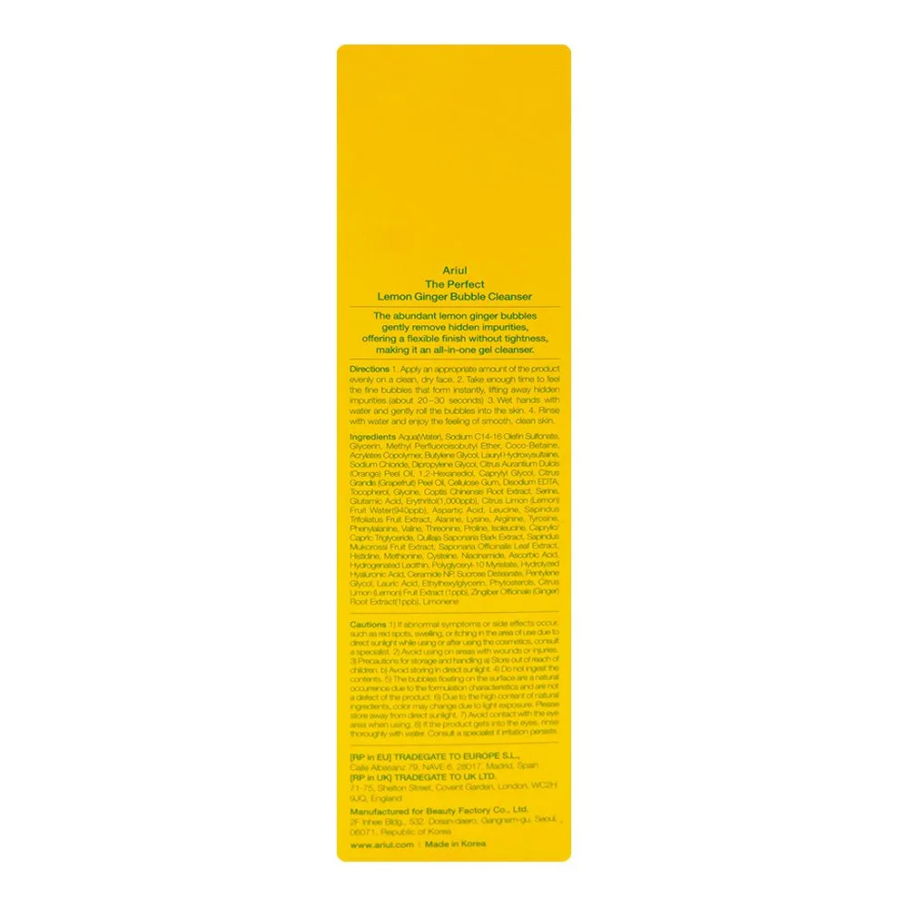 Premium everyday wear ariul the perfect deep lemon ginger bubble cleanser, glycerin, niacinamide, for all types of skin, 180ml