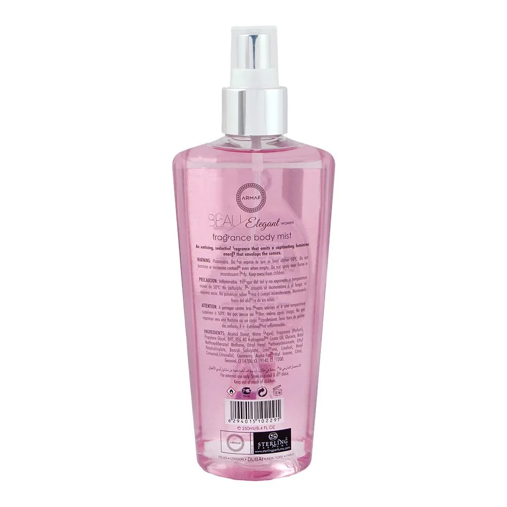 Side view of armaf beau elegant woman fragrance body mist, for women, 250ml