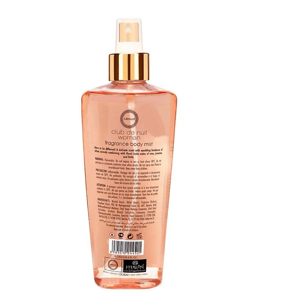 Side view of armaf club de nuit woman fragrance body mist, for women, 250ml