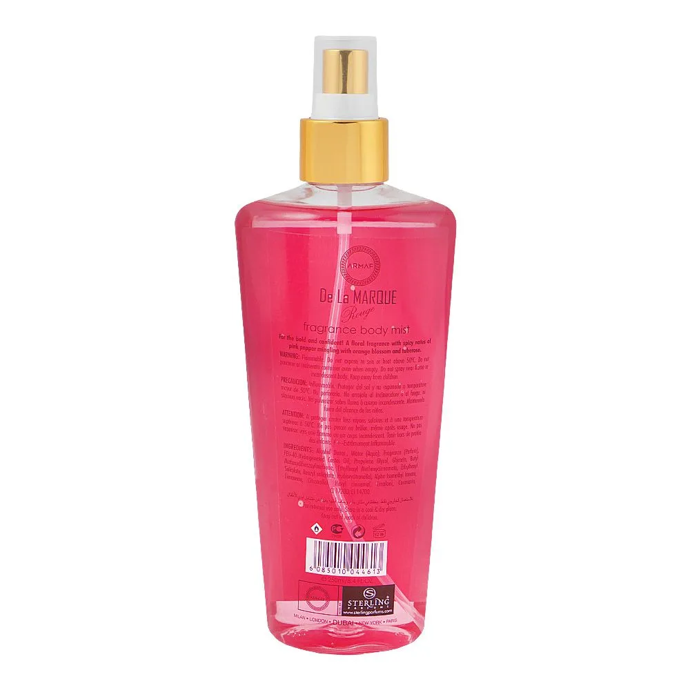 Side view of armaf de la marque rouge fragrance body mist, for women, 250ml
