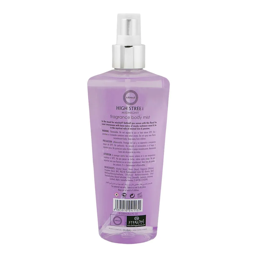 Side view of armaf high street midnight for women fragrance body mist 250ml