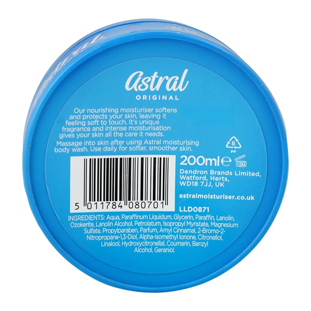 Side view of astral original face & body moisturizer cream, glycerin, for moisturized skin, 200ml