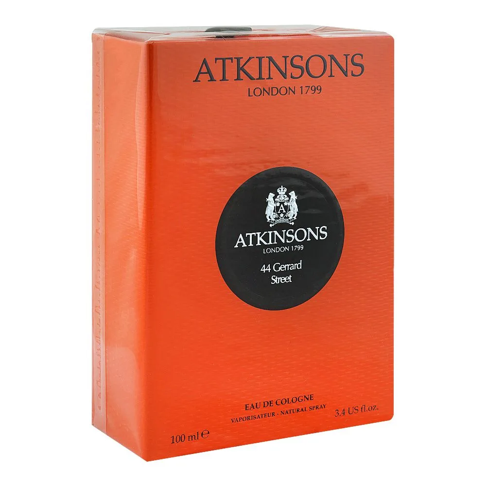 Side view of atkinsons 44 gerrard street, eau de cologne, for men & women, 100ml