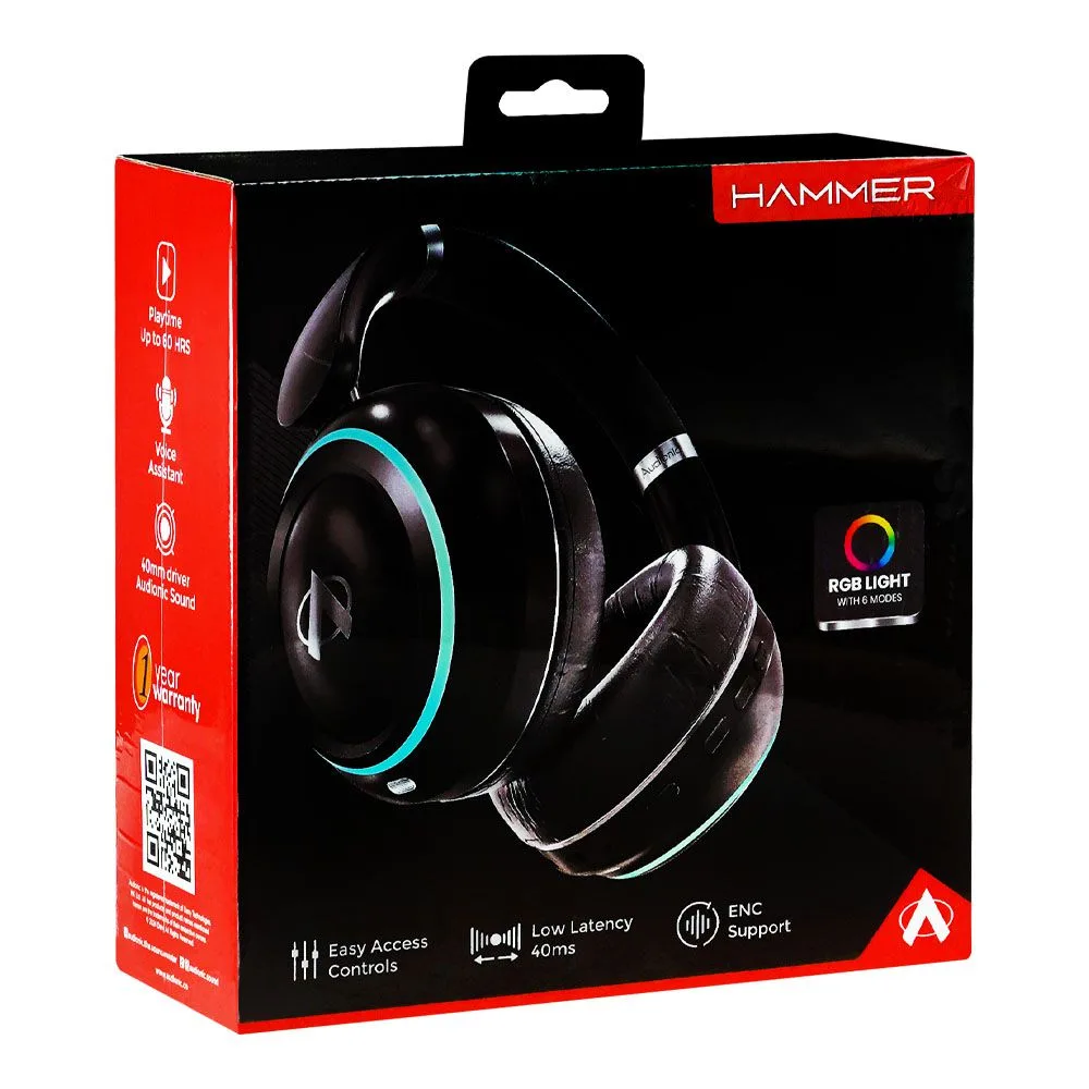 Side view of audionic hammer enc headphone, 600mah battery, 60 hours playtime, carbon black
