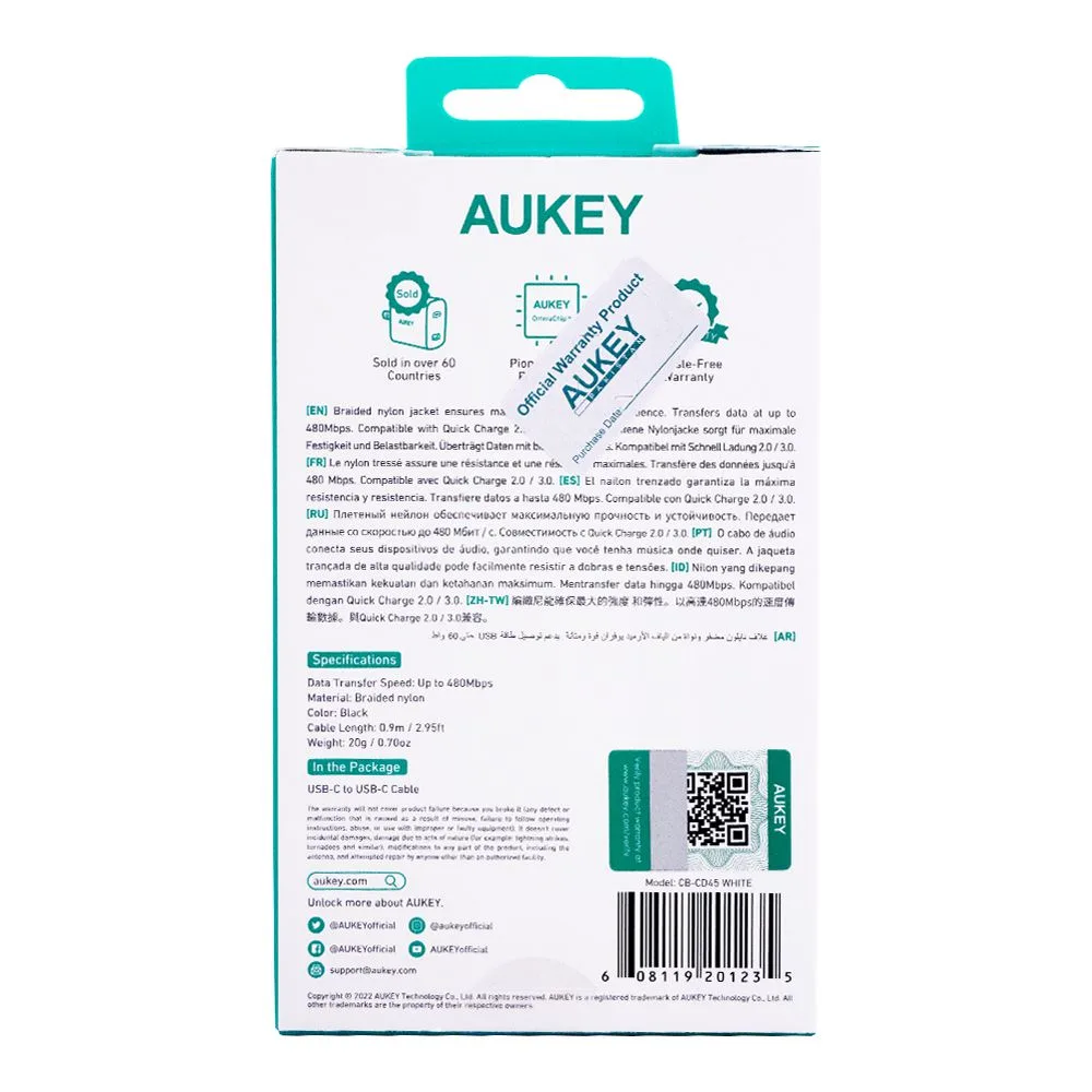 Comfortable casual aukey impulse braided cc 0.9m nylon braided usb-c to c cable, white, cb-cd45