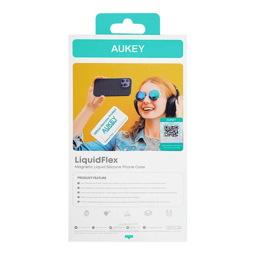 Side view of aukey liquid flex magnetic liquid silicone phone case, black, for iphone 2023 pro max 6.7", pc-gj10d
