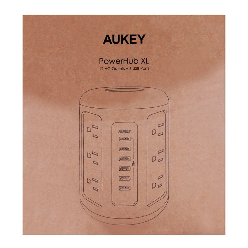 Side view of aukey power hub xl, 12 ac outlets + 6 usb ports, pa-s14