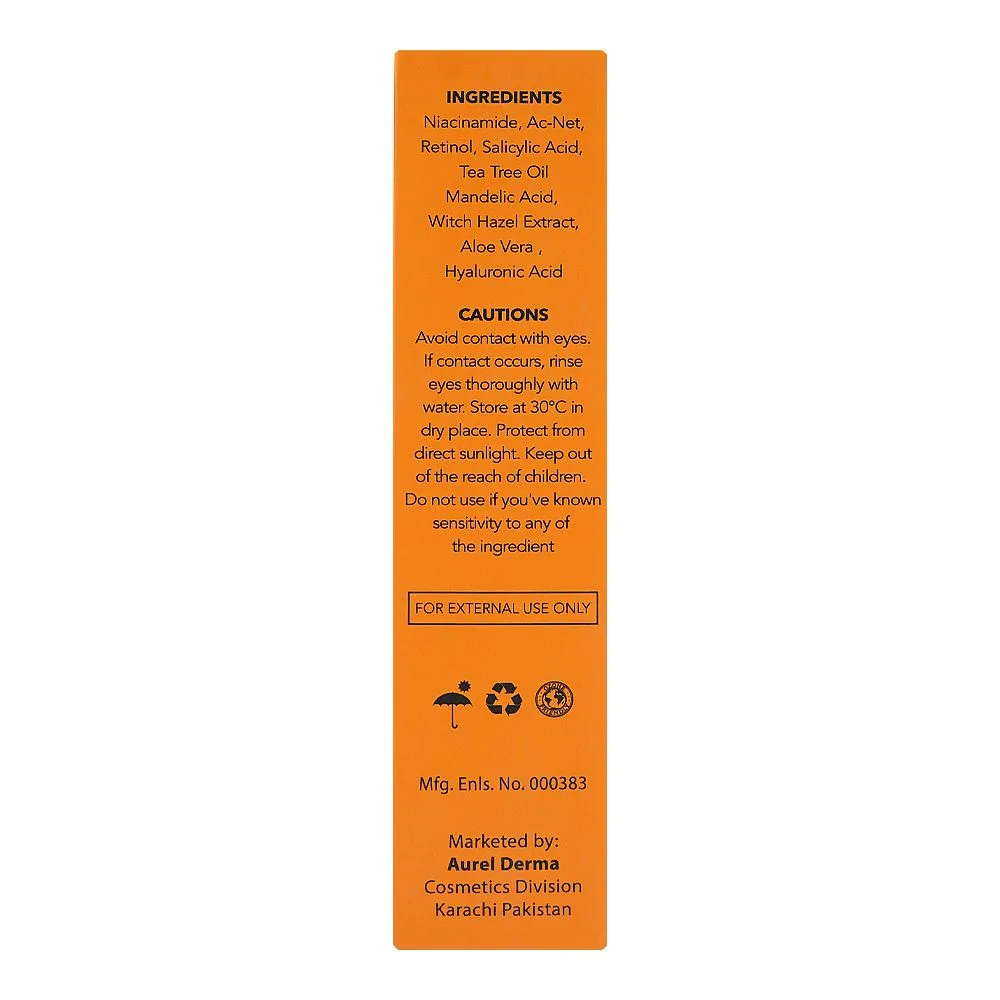 Side view of aurel derma la dermeo acne serum, niacinamide, salicylic acid, for acne prone skin, 30g
