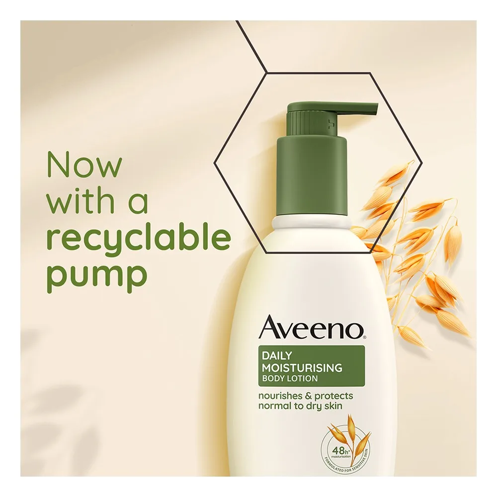 Close-up design of aveeno daily moisturising nourishes dry skin body lotion 300ml