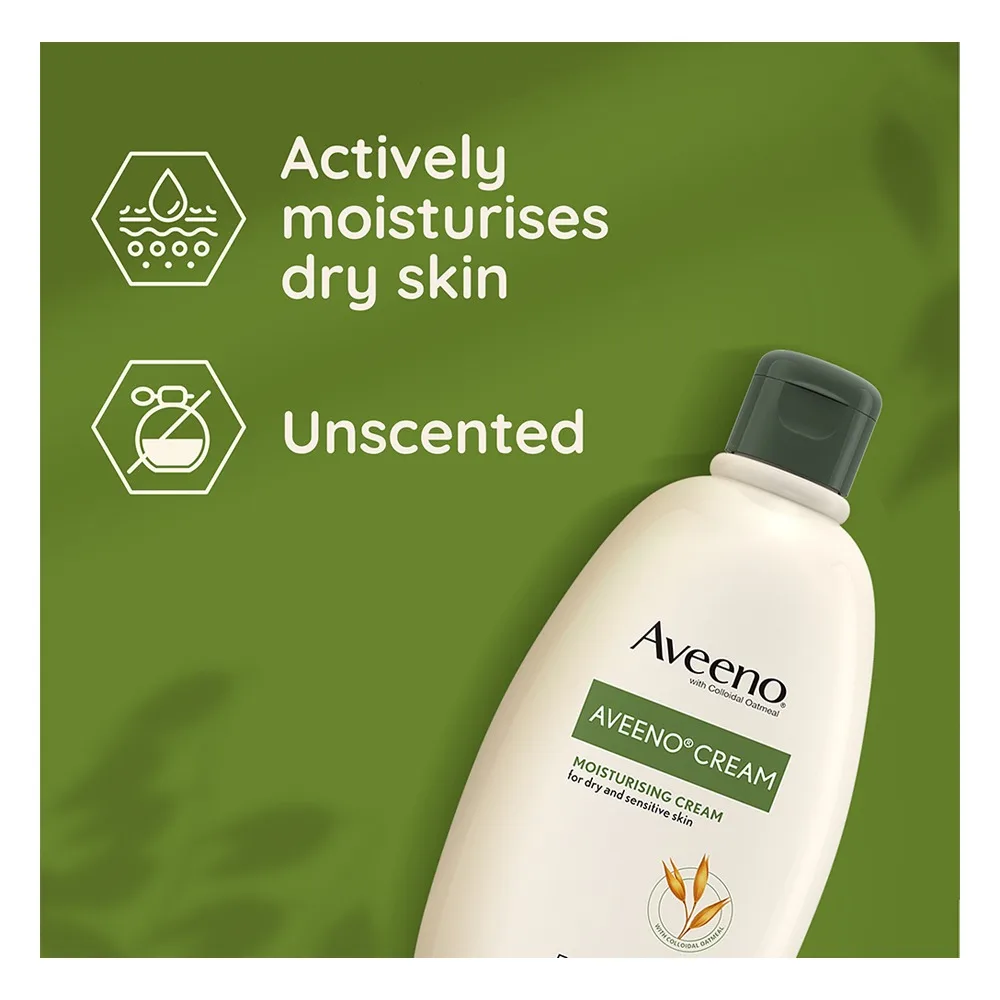 Close-up design of aveeno moisturising cream, with active colloidol oatmeal, for dry & sensitive skin, 500ml