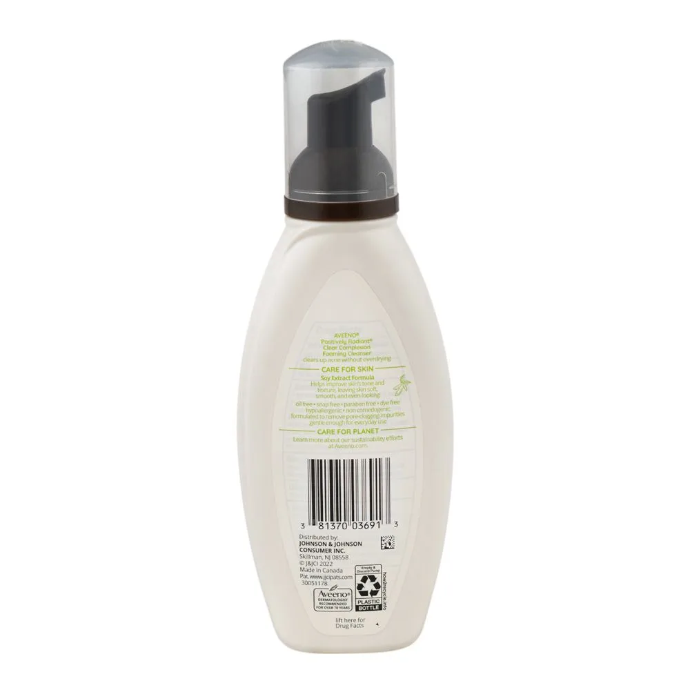 Side view of aveeno positively radiant clear complexion foaming cleanser, salicylic acid, sulfate free, for acne prone skin, 177ml