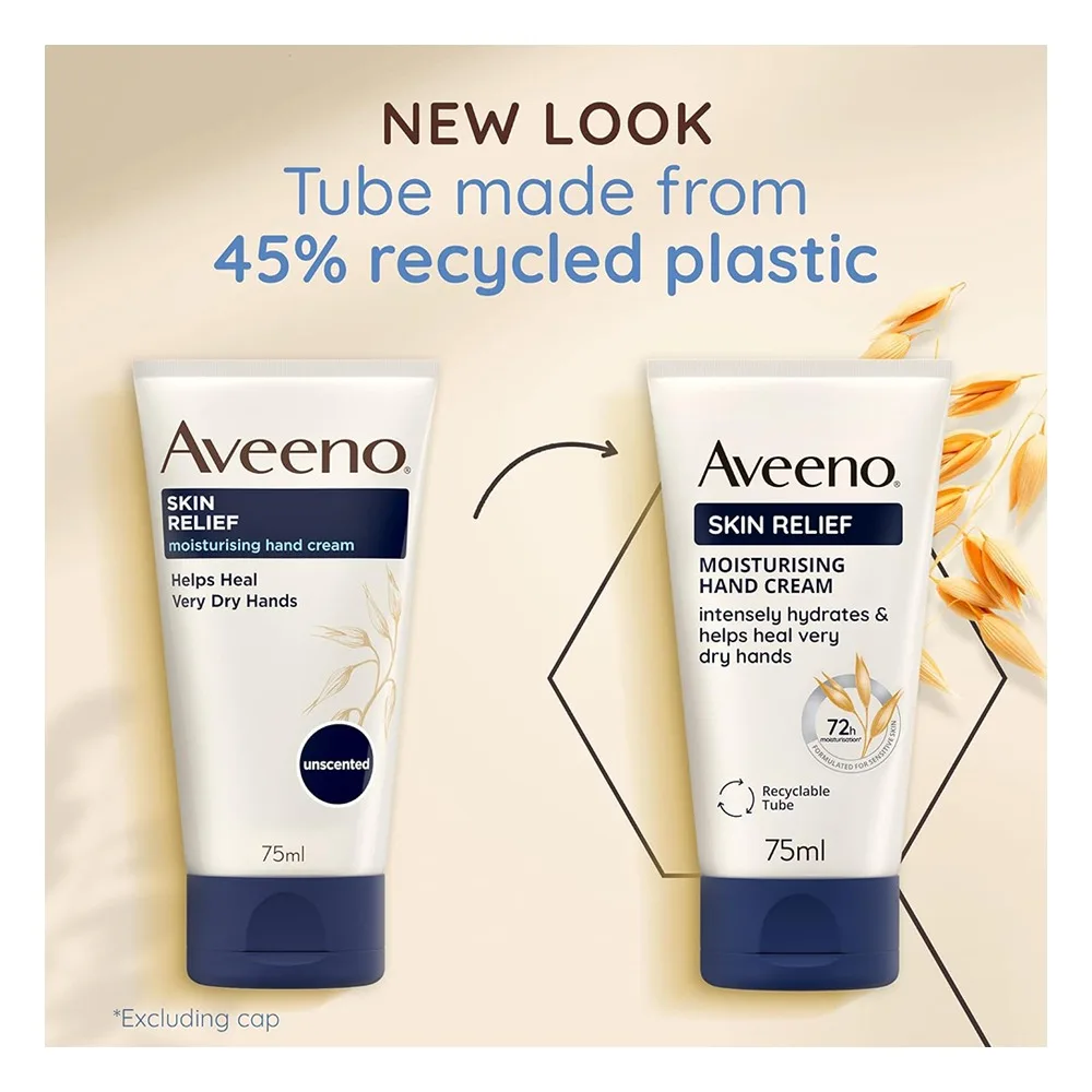 Close-up design of aveeno skin relief moisturising very dry hand cream, unscented, 75ml