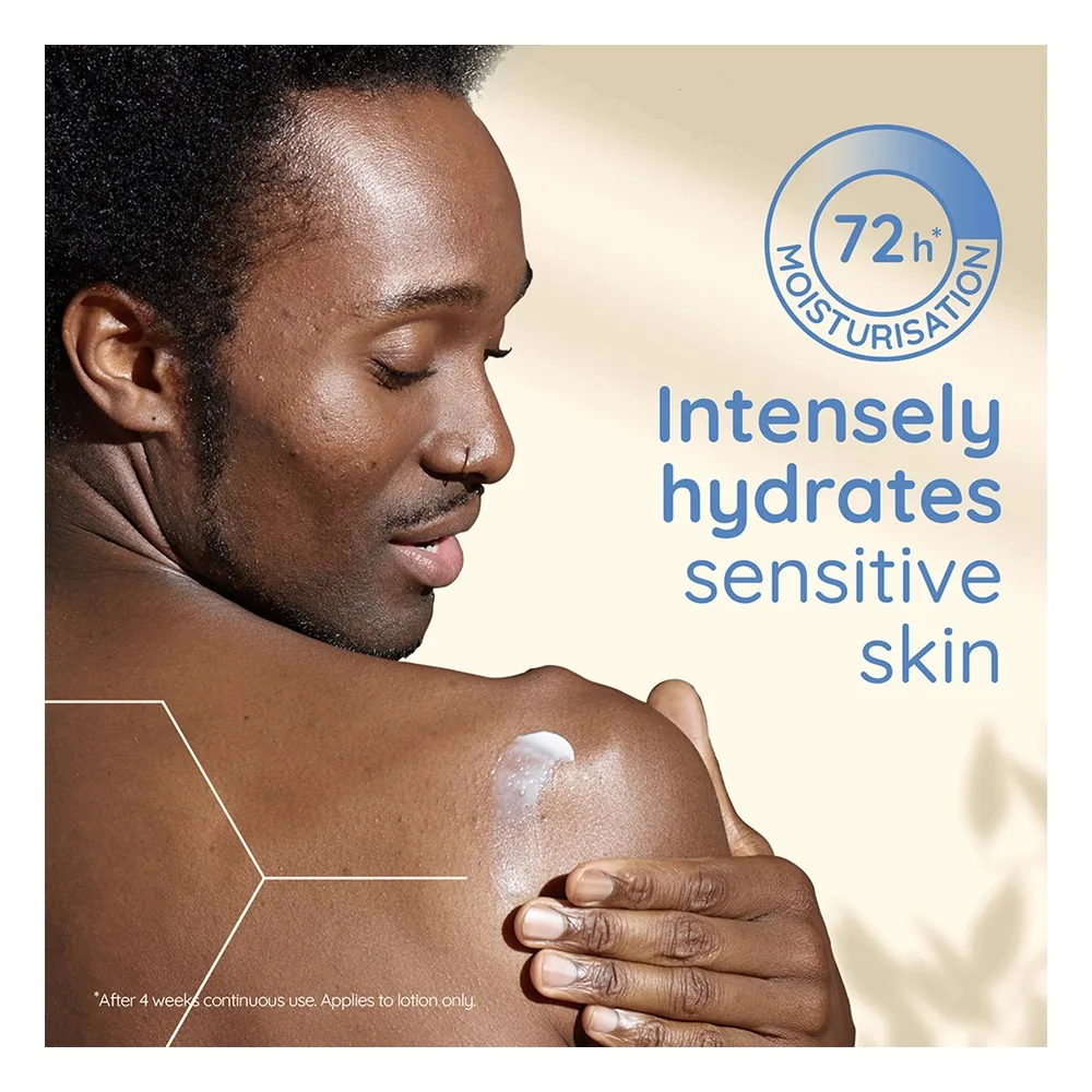 Side view of aveeno skin relief nourishing lotion, unscented, 300ml
