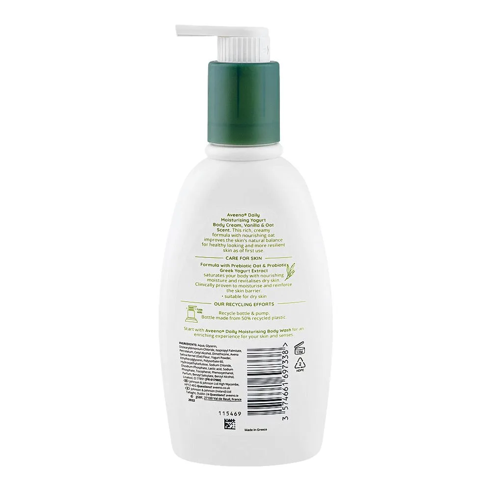Side view of aveeno vanilla & oat yogurt daily moisturizing body cream, 300ml