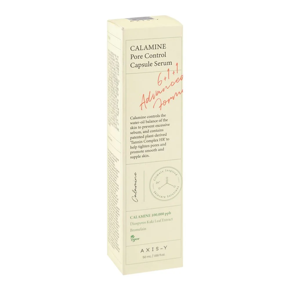 Side view of axis-y calamine pore control capsule serum, pore minimizer & tightening, for all skin types, 50ml