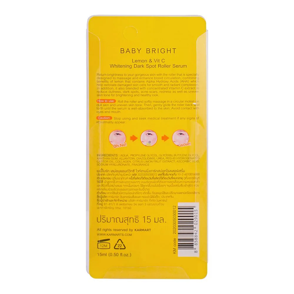Side view of baby bright lemon & vitamin c roller serum - facial massage tool for dark spots & brightening, 15ml