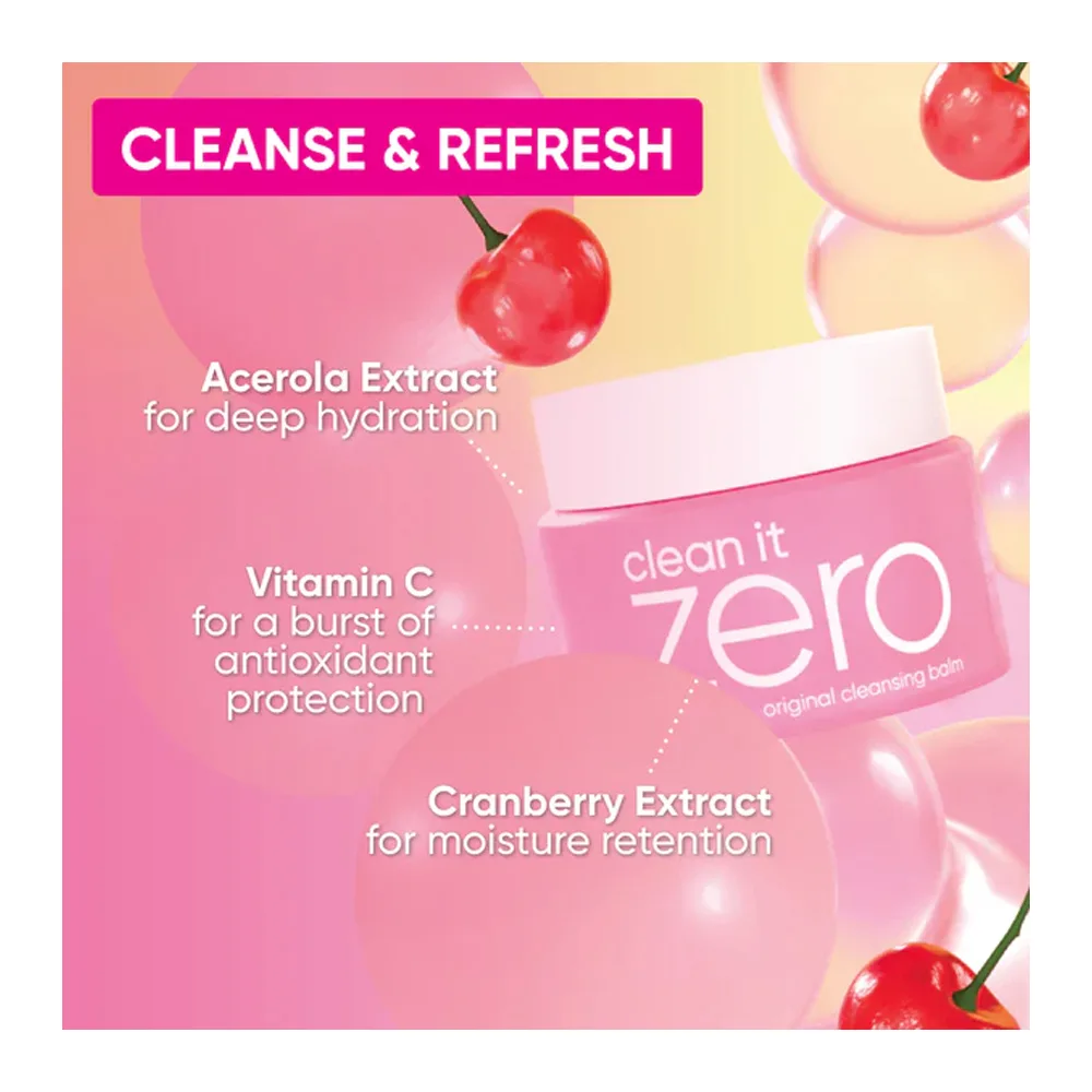 Close-up design of banila co clean it zero acerola+ original cleansing balm, vitamin e & c, for all types of skin, 180ml