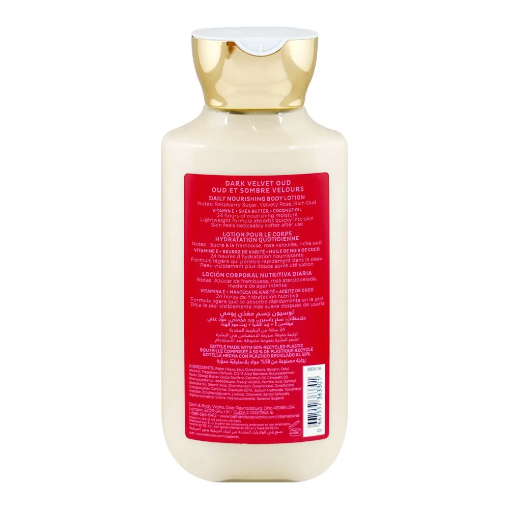 Side view of bath & body works dark velvet oud daily nourishing body lotion, 236ml