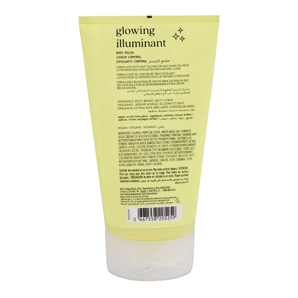 Side view of bath & body works glowing illuminant fruit enzyme body polish, glycerin, citric acid, 226g