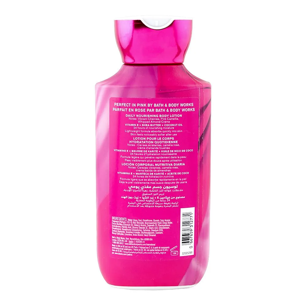 Side view of bath & body works perfect in pink 24 hour moisture daily nourishing body lotion, shea butter, glycerin, 236ml