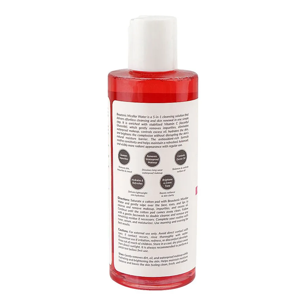 Side view of beautenic 5-in-1 micellar cleansing water, gluten, fragrance & sulfate free, 200ml