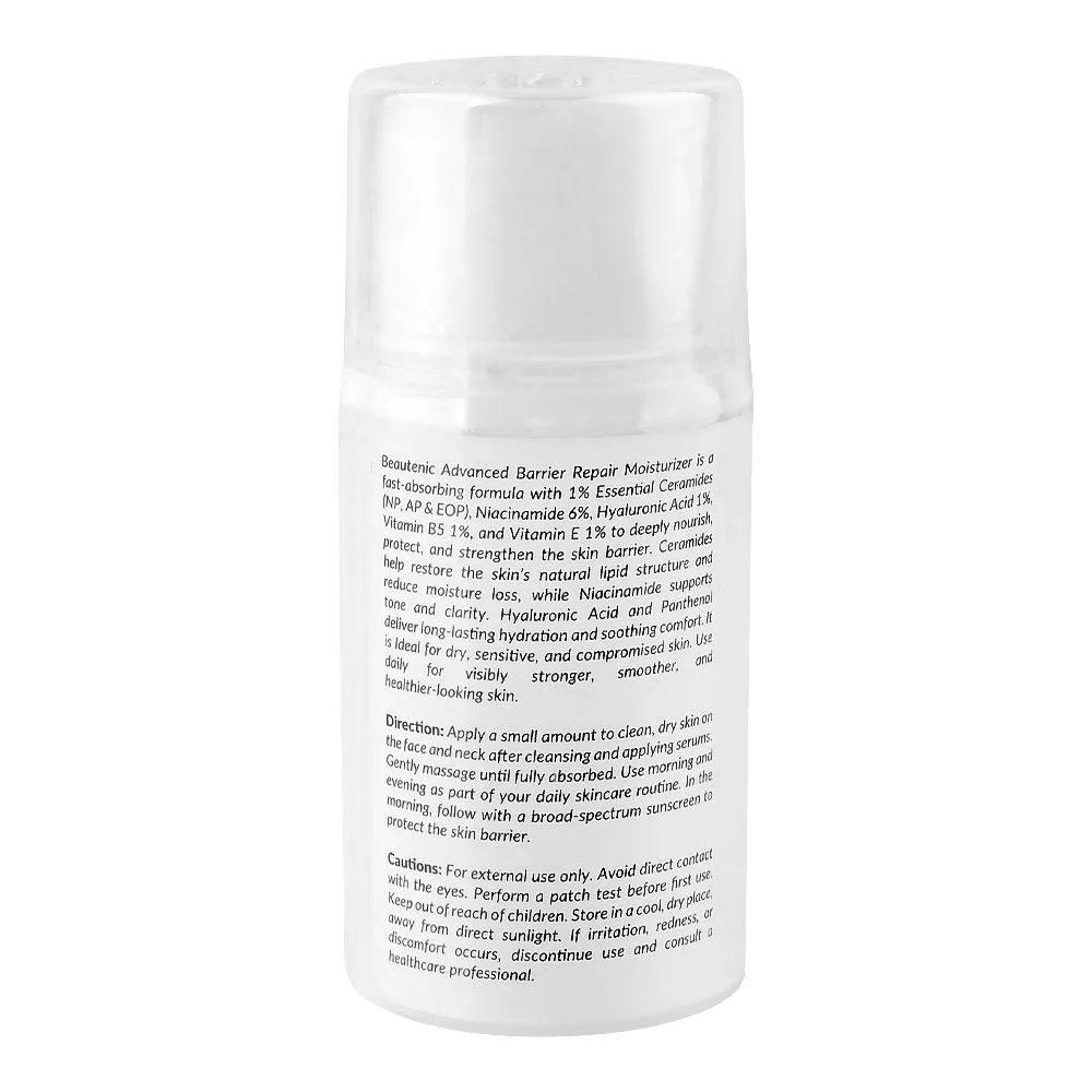 Side view of beautenic advanced barrier repair moisturizer, niacinamide, hyaluronic acid, for dry & sensitive skin, 50ml
