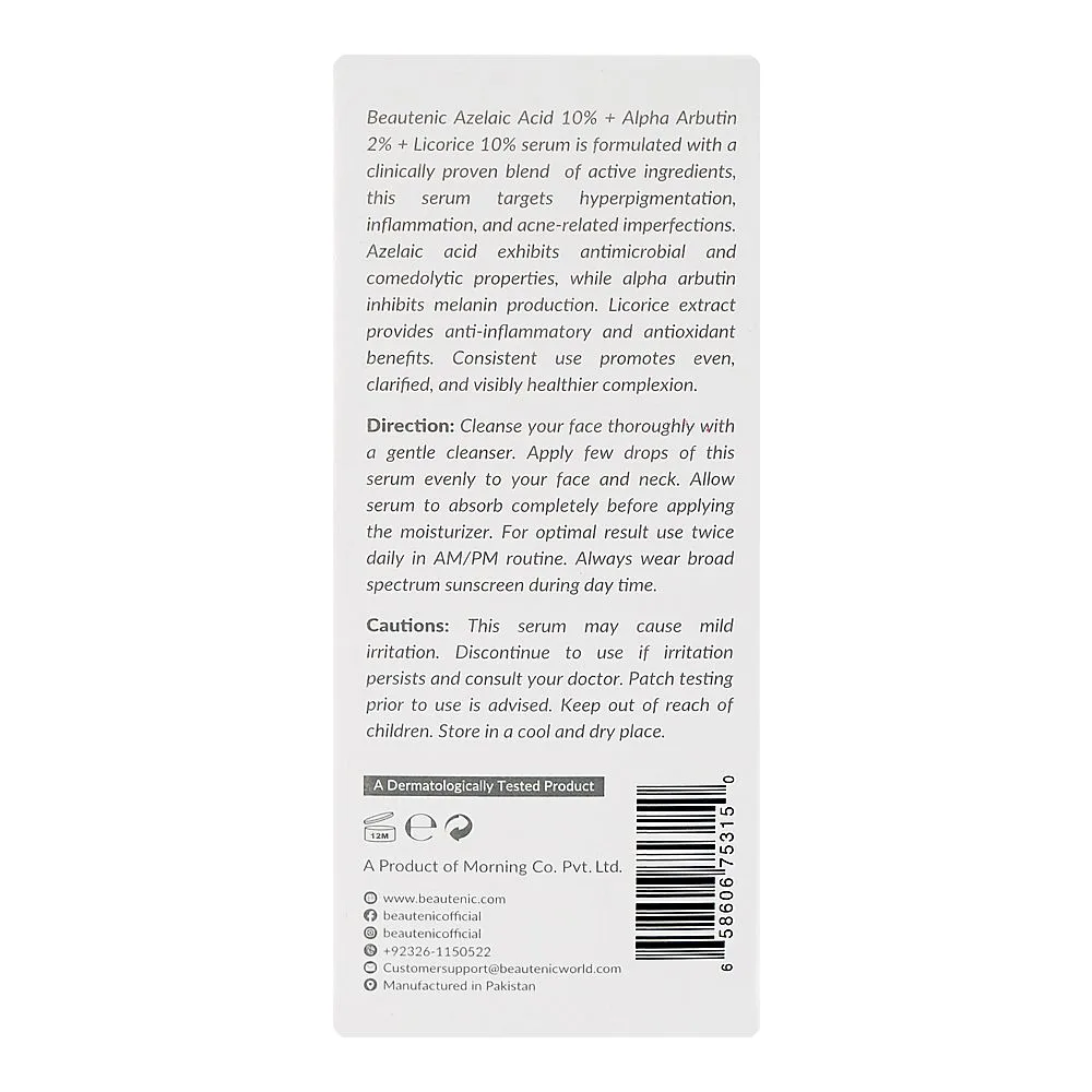 Comfortable casual beautenic azelaic acid10% + alpha arbutin2% + licorice 10% serum, glycerin, for radiant skin, 30ml