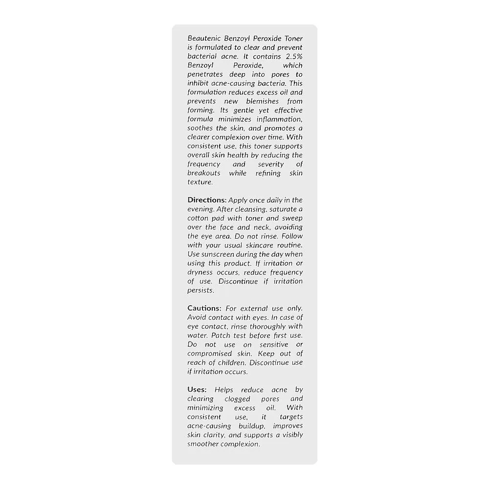Comfortable casual beautenic benzoyl peroxide 2.5% acne treatment toner, niacinamide, citric acid, for acne-prone skin, 100ml