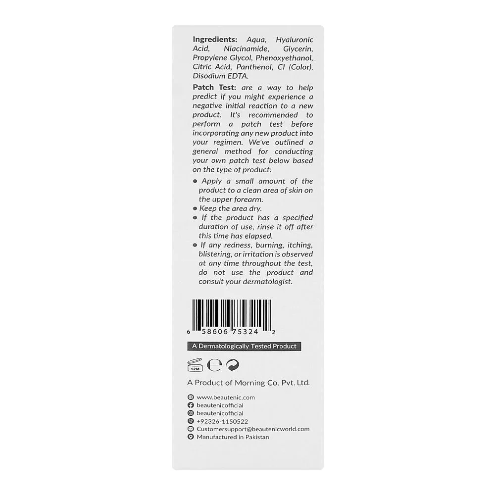 Side view of beautenic hyaluronic acid 2.5% hydrating toner, gluten & silicone free, niacinamide, for radiant skin, 100ml