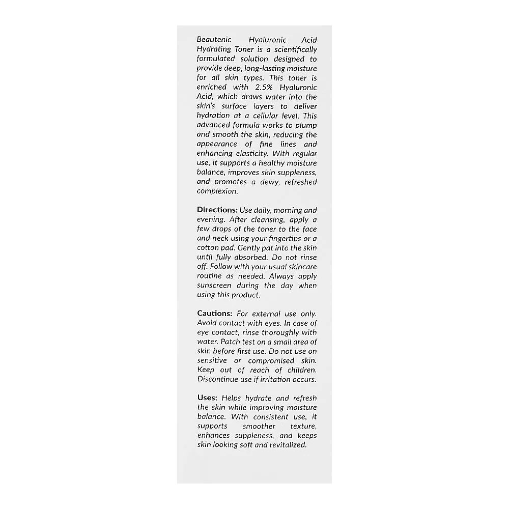Comfortable casual beautenic hyaluronic acid 2.5% hydrating toner, gluten & silicone free, niacinamide, for radiant skin, 100ml